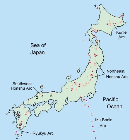 Distribution of volcanoes and volcanic arcs in Japan [4]. | Download ...