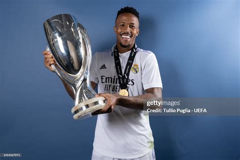 Eder Militao of Real Madrid poses with the UEFA Super Cup Trophy ...