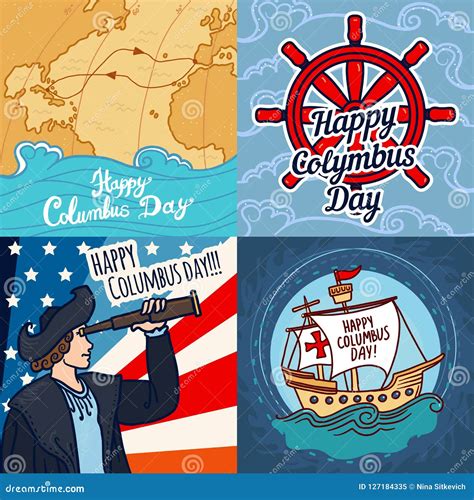 Happy Columbus Day Banner Set, Hand Drawn Style Stock Vector - Illustration of columbus ...