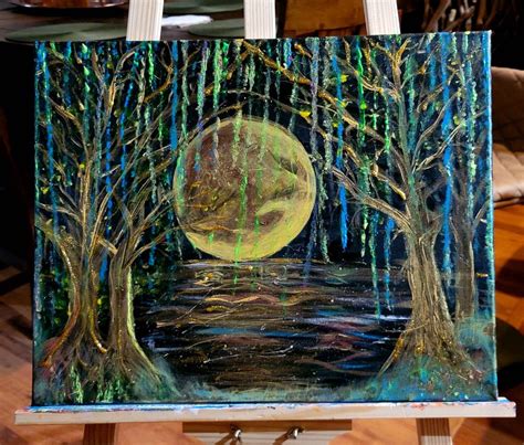 Magical Moon Painting Makes Great Gift Original Beautiful Abstract Gold Moon and Trees Painting ...