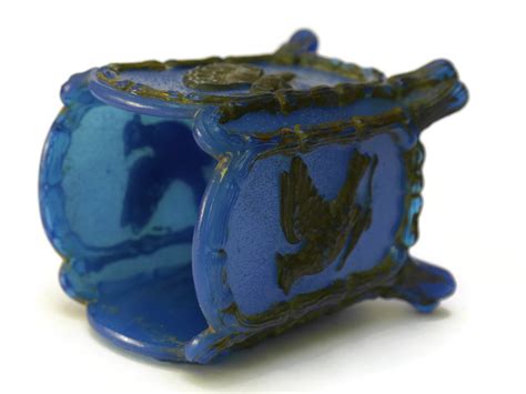 French Art Nouveau Blue Opaline Glass Vase with Birds and Butterflies. Ernest Schmid Blue Milk ...