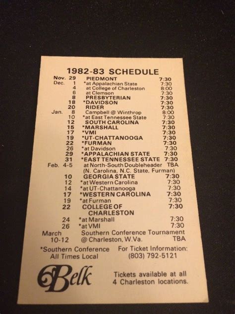 1982-83 The Citadel College Basketball Pocket Schedule Belk Version ...