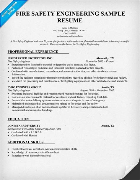 Fire #Safety Engineering Resume Sample (resumecompanion.com) | Engineering | Pinterest | Fire ...