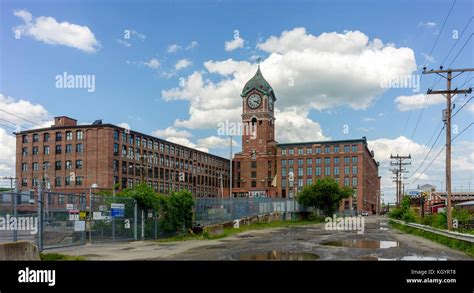 Scenic view of the Merrimack River in Lawrence, Massachusetts with a ...