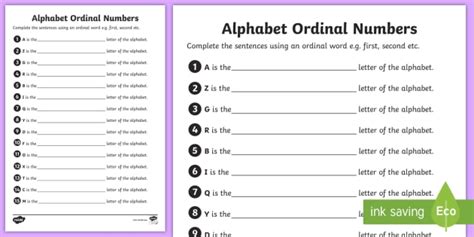 Alphabet Ordinal Numbers Worksheet