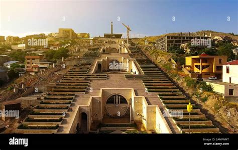 Sightseeing in Armenia, view of art fountain of famous Yerevan Cascade ...