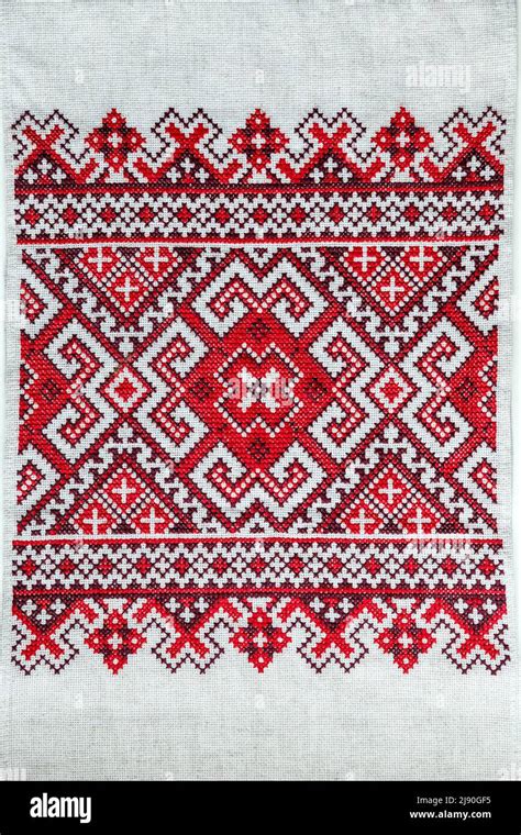 Traditional ukrainian embroidery on ukrainian rushnyk, made of linen cloth. Ukrainian culture ...