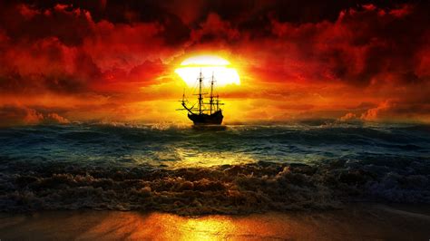 rigging (ship), sunset, sky, dark, red, ocean view, Sun, waves, sailing ...