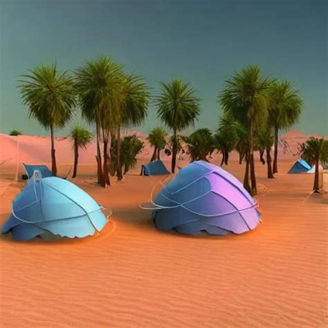 Arab travellers camped at a desert oasis. With river... | OpenArt