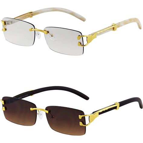 Gold Stylish Glasses Clear Lens Rectangular Retro Rimless Tinted Sungl – Flawless Eyewear