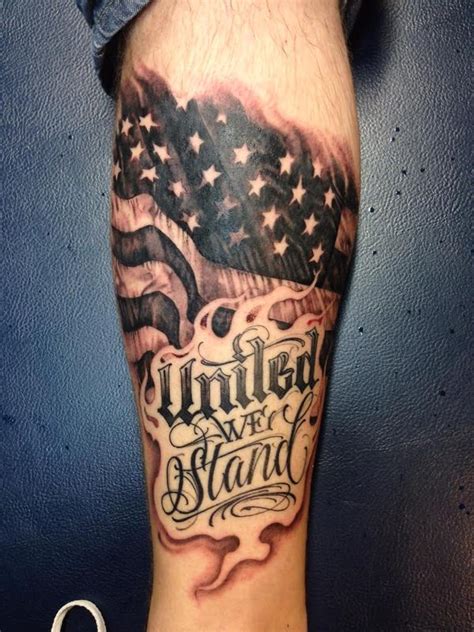 "United We Stand" Script and Flag Tattoo by BJ Betts: TattooNOW