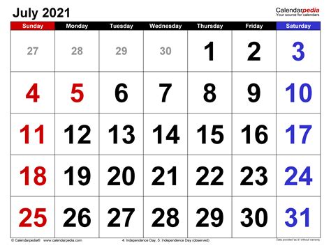 July 2021 Calendar | Templates for Word, Excel and PDF