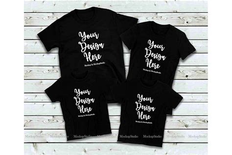 Matching Family Black T-Shirts Mockup, 4 Parents Kids Shirts