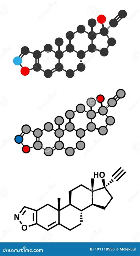 Danazol Endometriosis Drug Molecule. Stylized 2D Renderings and Conventional Skeletal Formula ...