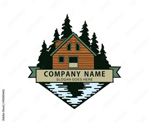 cabin in the woods river lake side logo Stock Vector | Adobe Stock