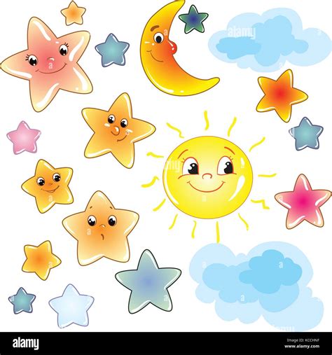 Funny cute stars on transparent background clip art with moon and Stock Vector Art ...