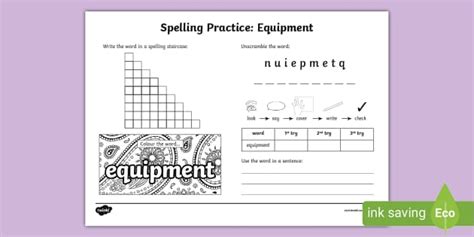 Equipment Spelling Practice Worksheet (teacher made)