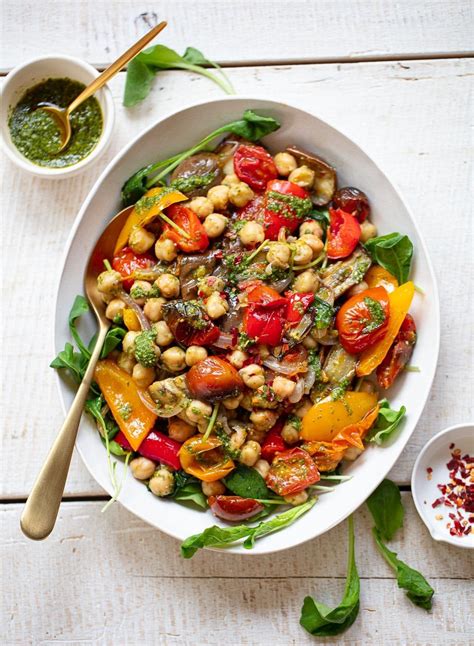 Roasted Vegetable Salad with Pesto and Chickpeas | Vegetable salad ...