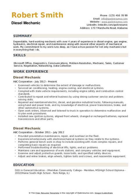 Diesel Mechanic Resume Samples | QwikResume