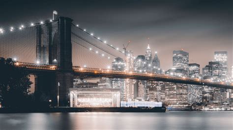 city, bridge, lights, night, Brooklyn HD Wallpaper