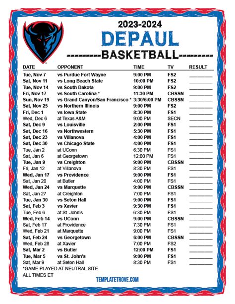 Printable 2023-2024 DePaul Blue Demons Basketball Schedule