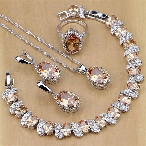 925 Sterling Silver Bridal Jewelry Champagne Zircon Jewelry Sets For ...