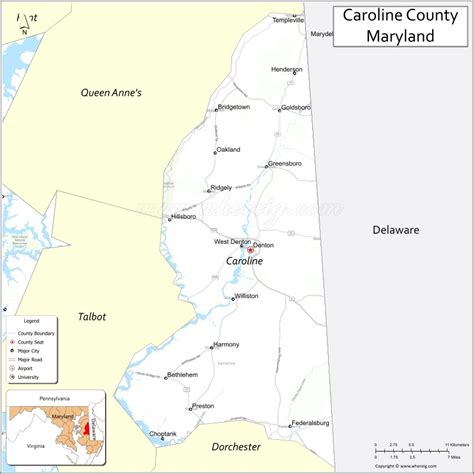 Map of Caroline County, Maryland showing cities, highways & important ...