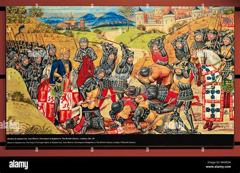 Copy of a medieval painting showing the historic Battlefield of Aljubarrota in the ...