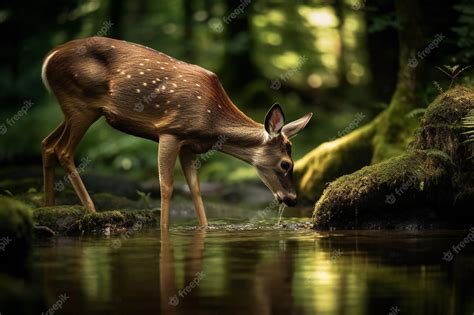 Discover the Serenity of Nature Watch a Majestic Deer Drinking from a Forest Stream | Premium AI ...