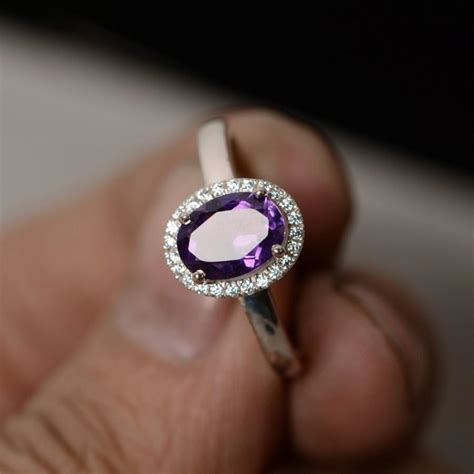 Natural Amethyst Ring Oval Purple Gemstone Ring Sterling Silver February Birthstone Ring ...