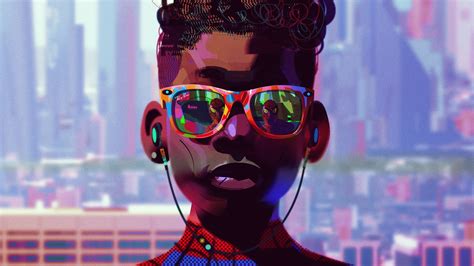 headphones, sunglasses, Ray-Ban, Miles Morales, reflection, digital art, Spider-Man: Into the ...