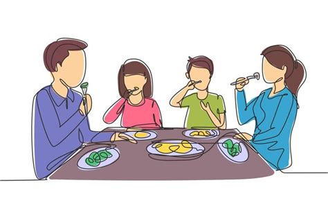 Single continuous line drawing family eating meal around kitchen table ...