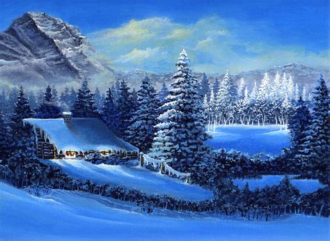 Winter Cabin Painting by Bonnie Cook