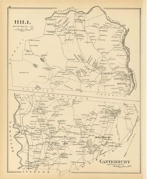 Hill Town, Canterbury Town, New Hampshire 1892 Old Town Map Reprint ...