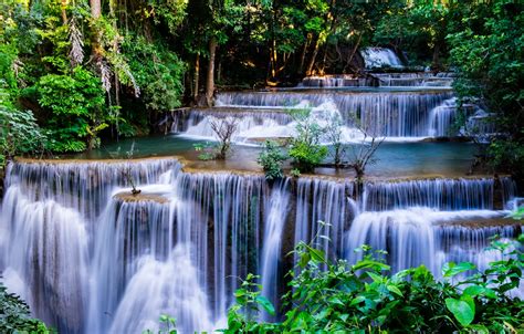 Wallpaper forest, landscape, river, rocks, waterfall, summer, Thailand ...