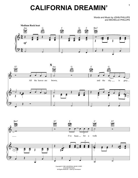 The Mamas & The Papas "California Dreamin'" Sheet Music Notes | Download Printable PDF Score 163631