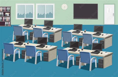 Interior of education Center. Company staff training. School empty room with computers and ...