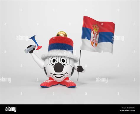 A cute and funny soccer character holding the national flag of Serbia and a horn dressed in the ...