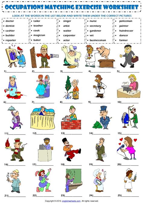 Jobs occupations professions vocabulary matching exercise worksheet