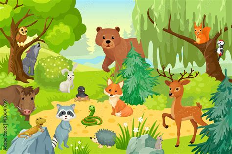 Group of wild animals on the fringe of the forest. Vector illustration in a cartoon style. Stock ...