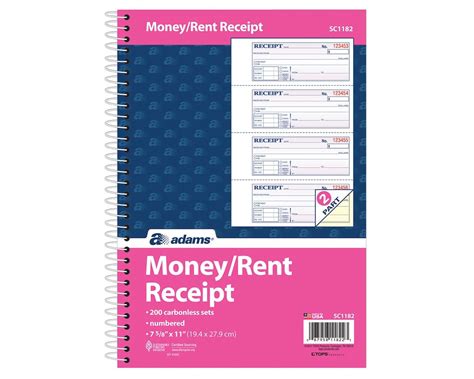 Adams Money/Rent Receipt Book, Spiral, 200 ST/BK