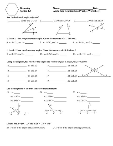 Angle Pairs Worksheet Geometry