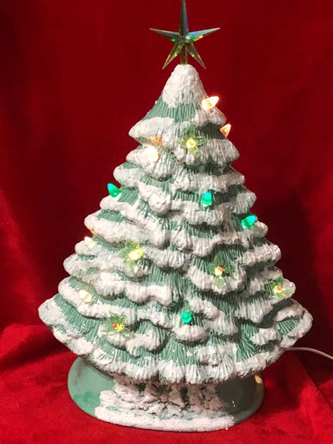 Green Glazed Ceramic Christmas Tree with white, green and holly leaf light pack with base