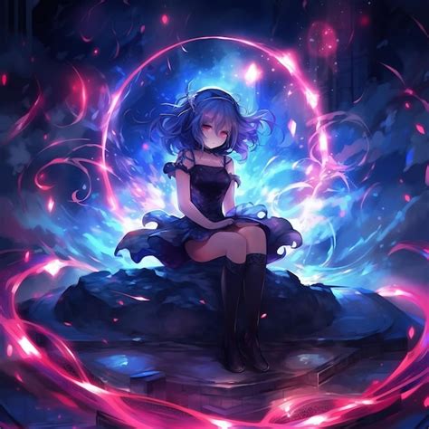 Premium Photo | Anime girl sitting on a rock with a blue hair and a ...