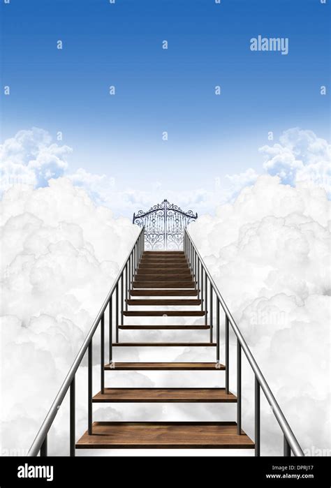 A depiction of the stairway to heavens pearly gates above the clouds on a clear blue sky ...