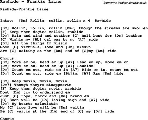 Song Rawhide by Frankie Laine, song lyric for vocal performance plus accompaniment chords for ...