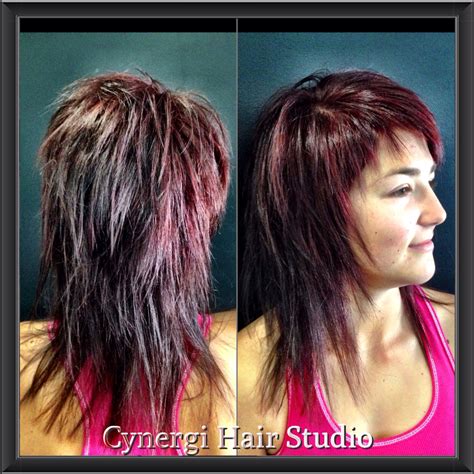 Long hair, short layers, red claret colour, pixie fringe, Cynergi hair ...