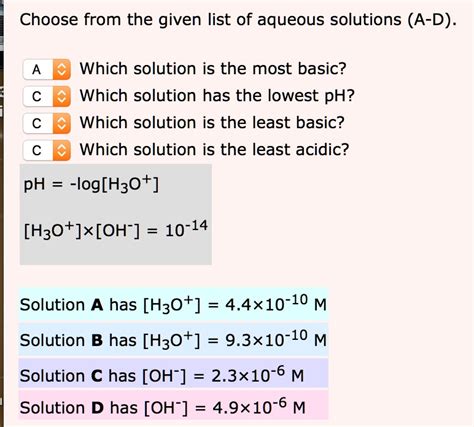 SOLVED:Choose from the given list of aqueous solutions (A-D): Which ...