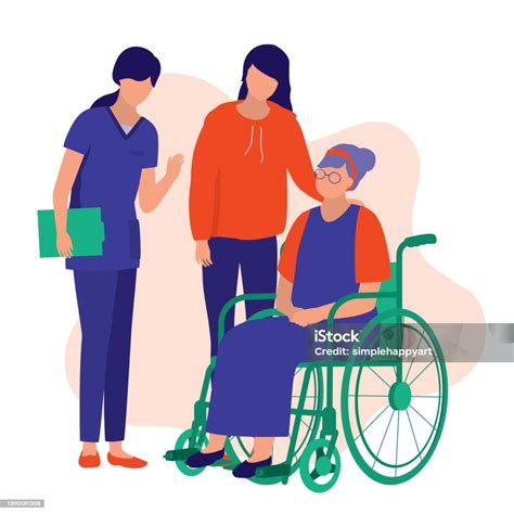 Disabled Elderly Woman And Her Grandchildren Visiting Nursing Home Nursing Home Concept Vector ...