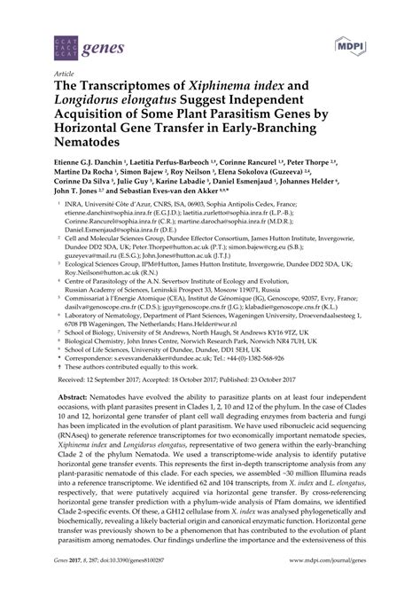 (PDF) The Transcriptomes of Xiphinema index and Longidorus elongatus Suggest Independent ...